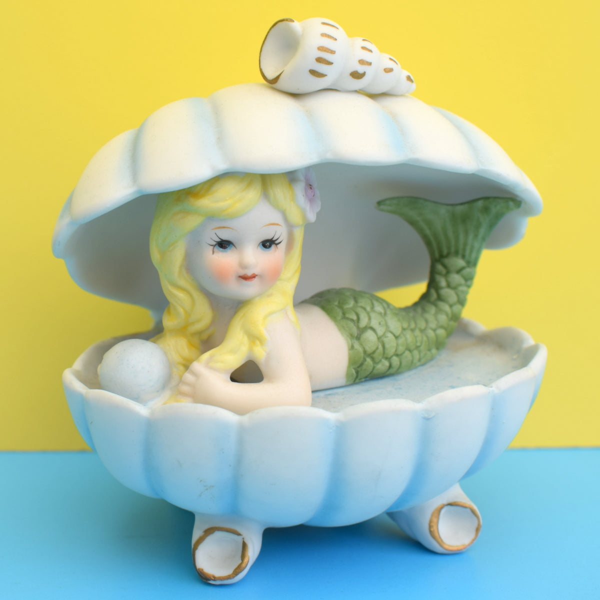 Vintage Bisque Ceramic Mermaid In Shell Figurine - Pretty