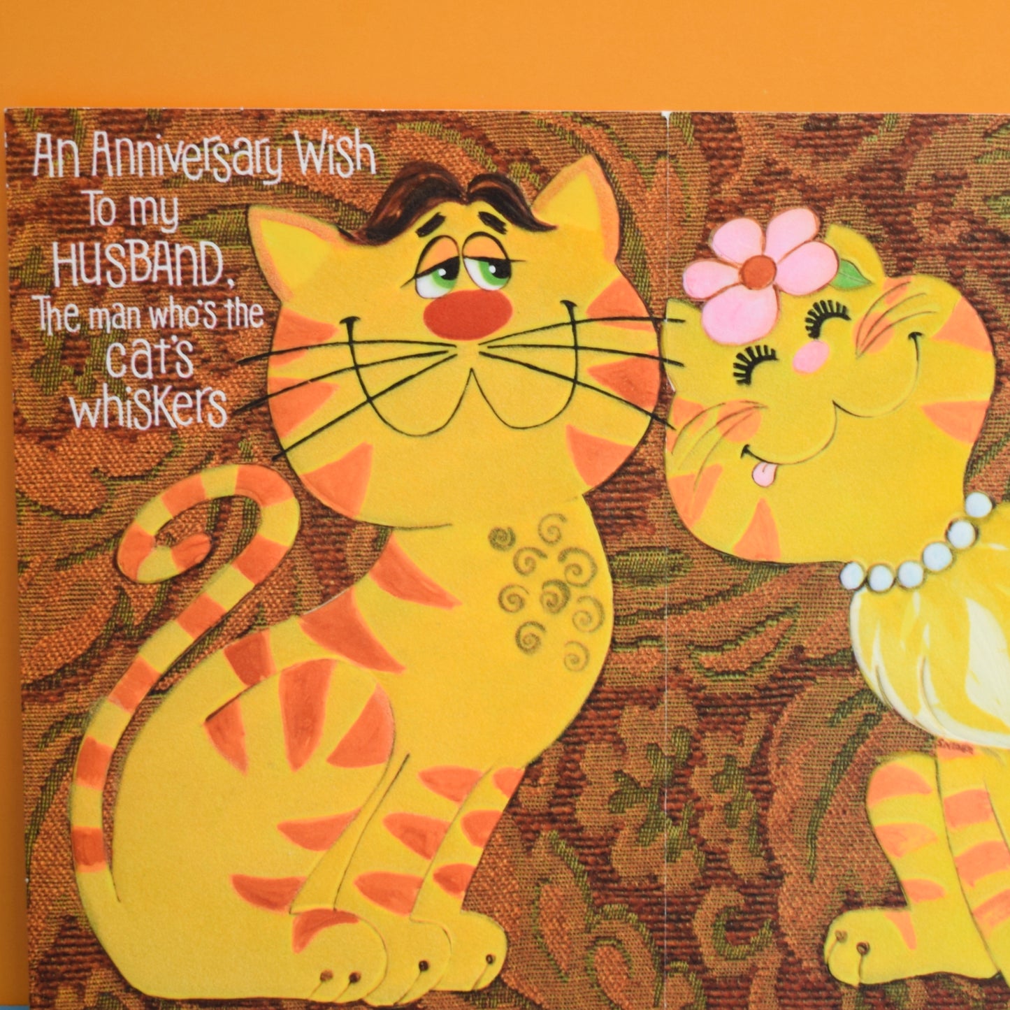 Vintage 1970s Anniversary Card - Flocked Cats
