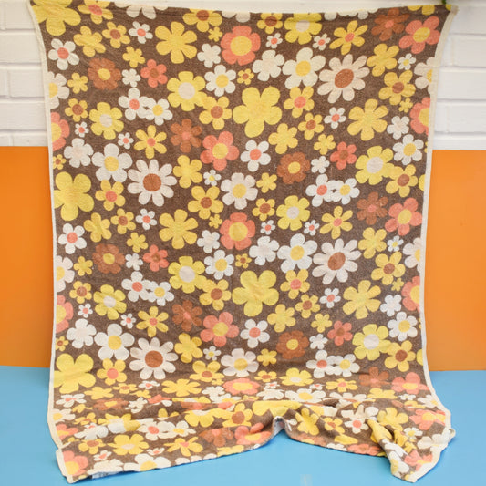 Vintage 1960s Towelling Fabric - Flowers - Brown & Yellow by Vintage