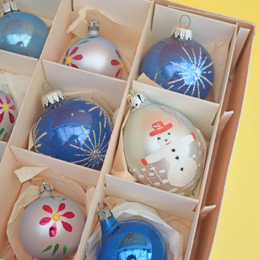 Vintage 1970s Glass Christmas Baubles - Blue