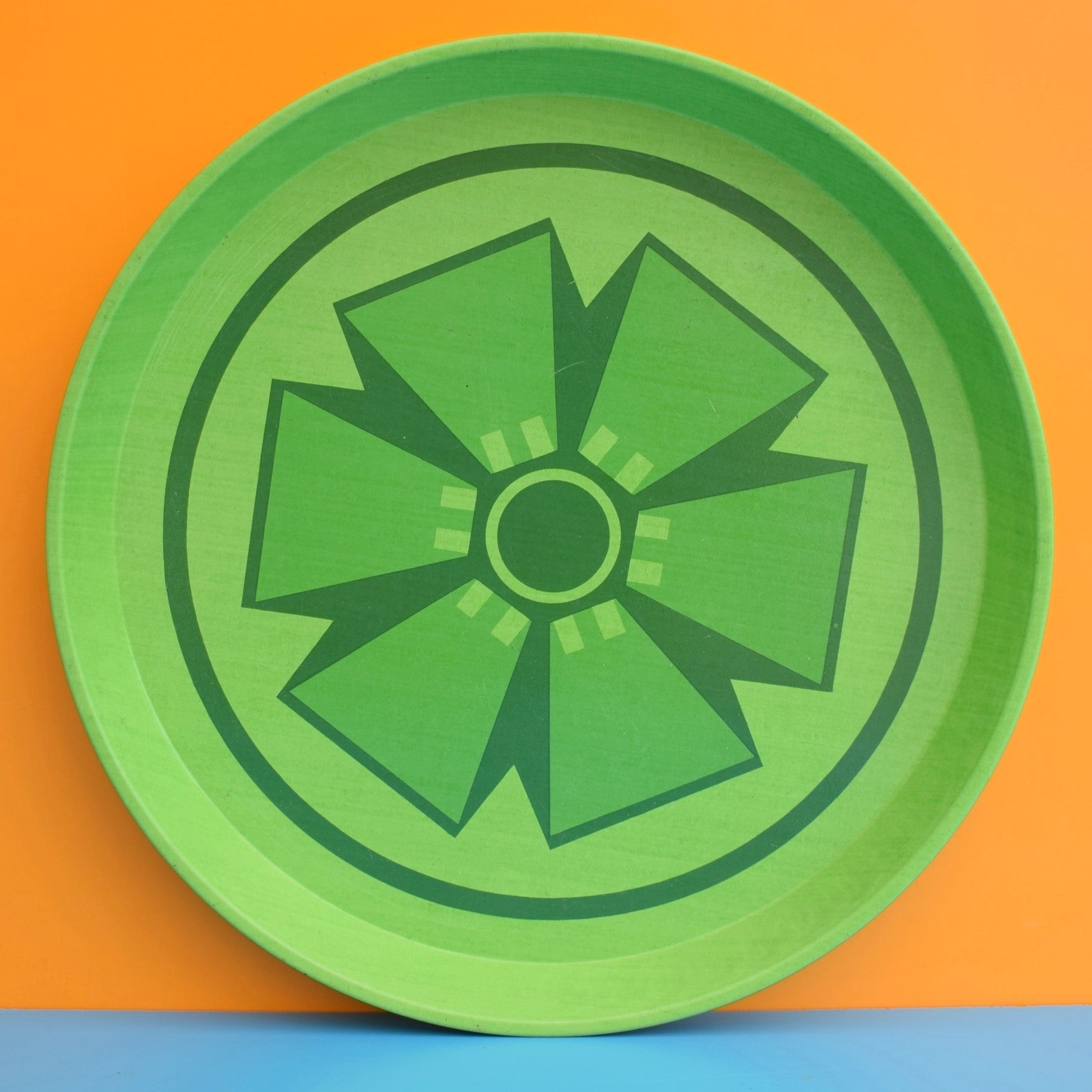 Vintage 1960s Round Flower Power Metal Tray - Green by Vintage