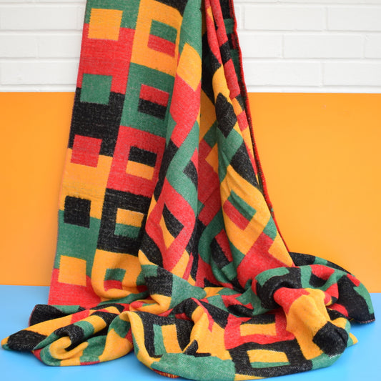 Vintage 1970s Wooly Blanket Or Throw - Black / Red / Yellow by Vintage