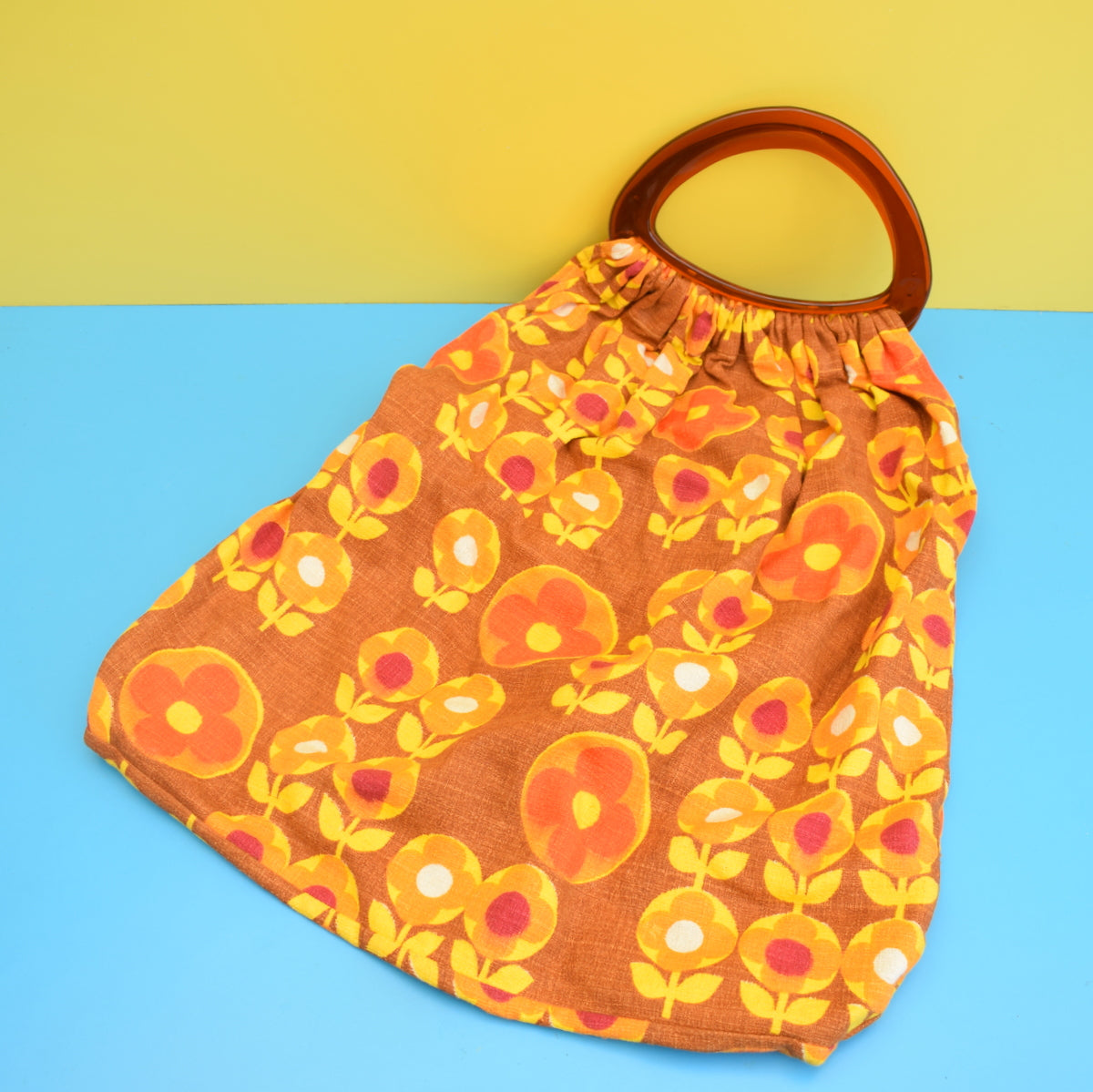 Vintage 1960s Handmade Knitting Bag / Storage Bag - Flower Power - Orange. Yellow & Brown