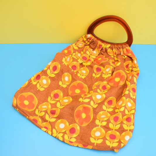 Vintage 1960s Handmade Knitting Bag / Storage Bag - Flower Power - Orange. Yellow & Brown