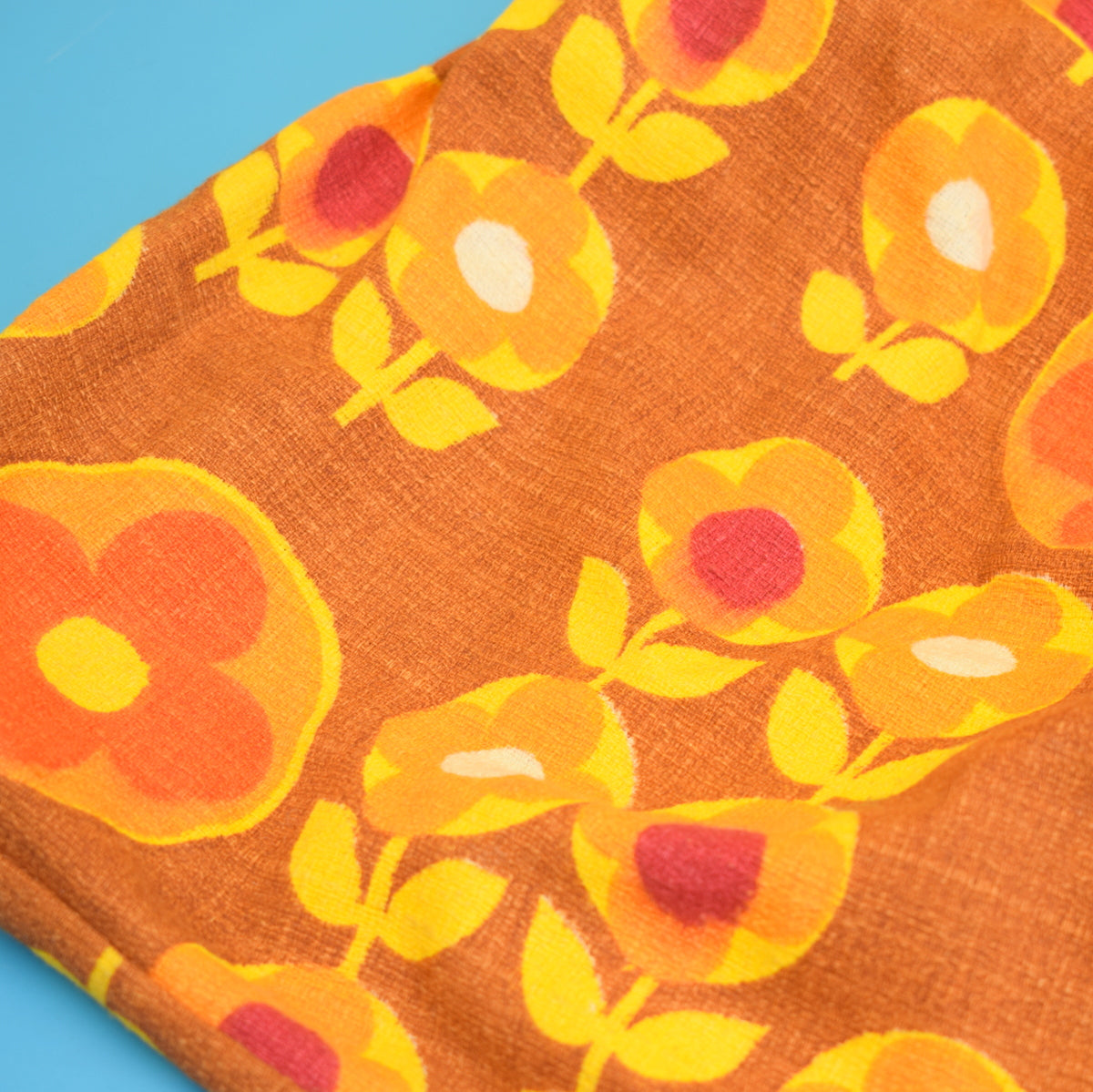 Vintage 1960s Handmade Knitting Bag / Storage Bag - Flower Power - Orange. Yellow & Brown
