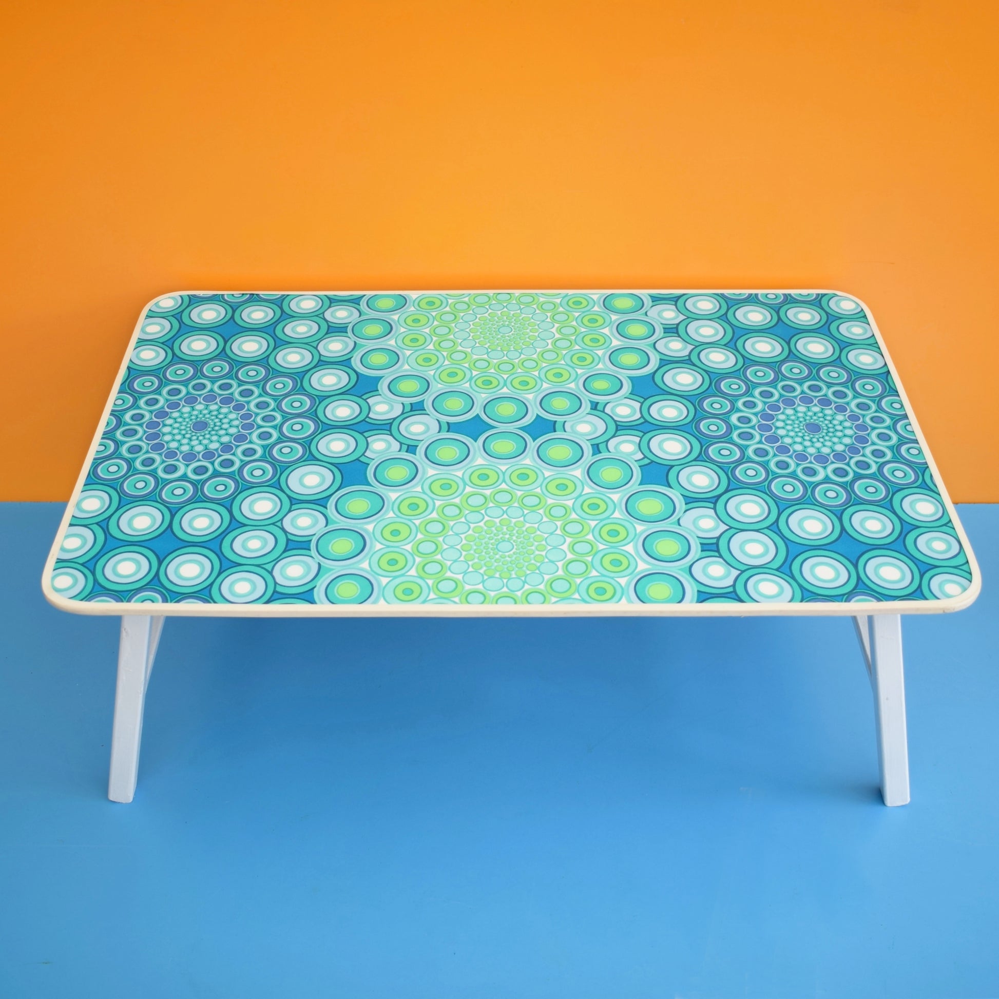 Vintage 1960s Folding Table - White /Blue/ Green Geometric by Vintage
