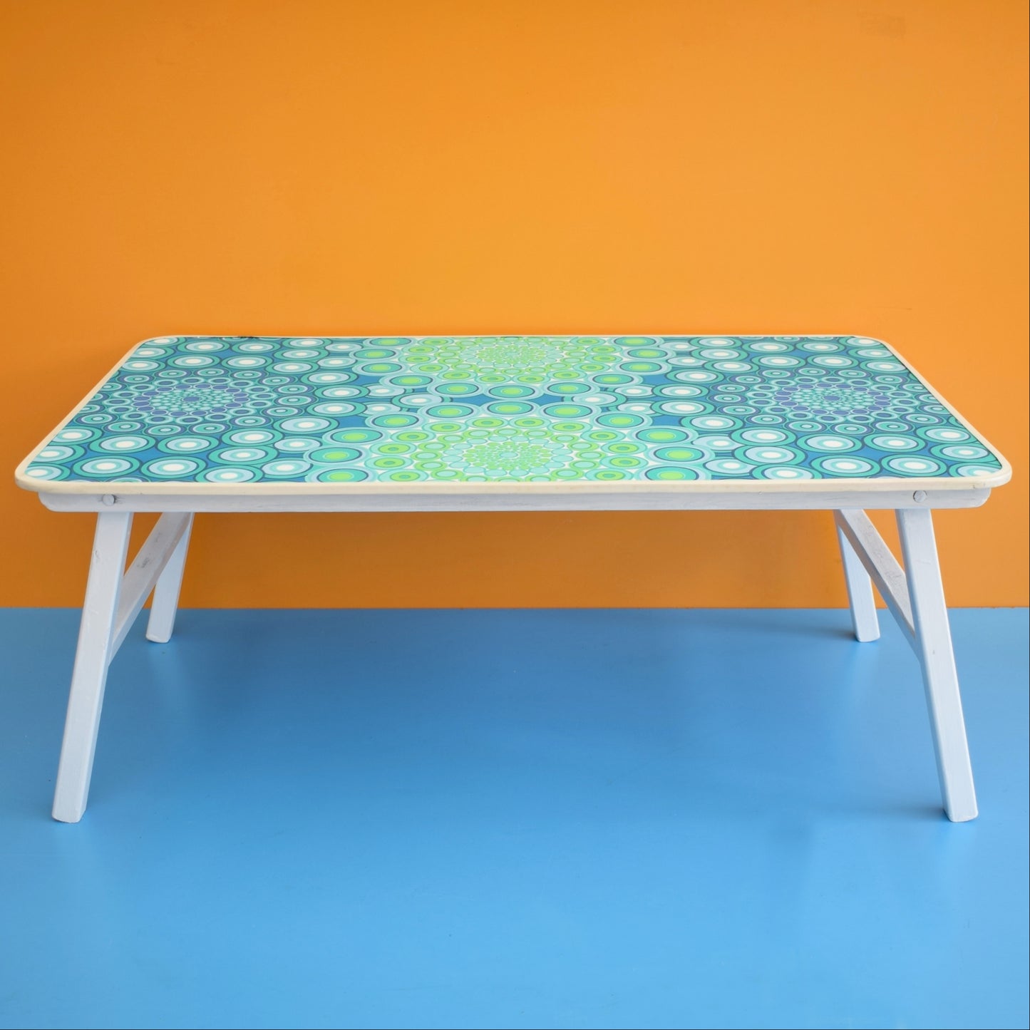 Vintage 1960s Folding Table - White /Blue/ Green Geometric by Vintage
