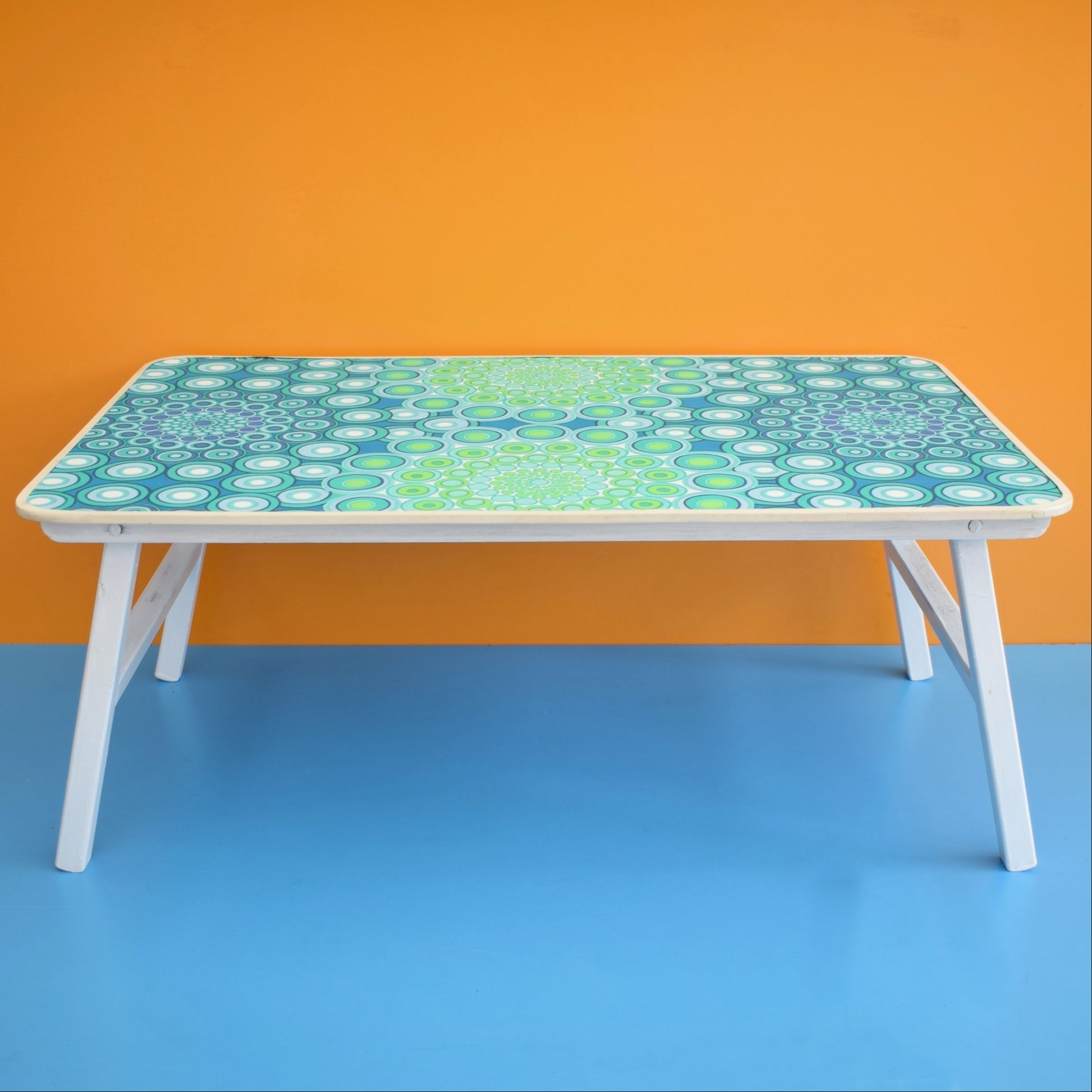 Vintage 1960s Folding Table - White /Blue/ Green Geometric by Vintage
