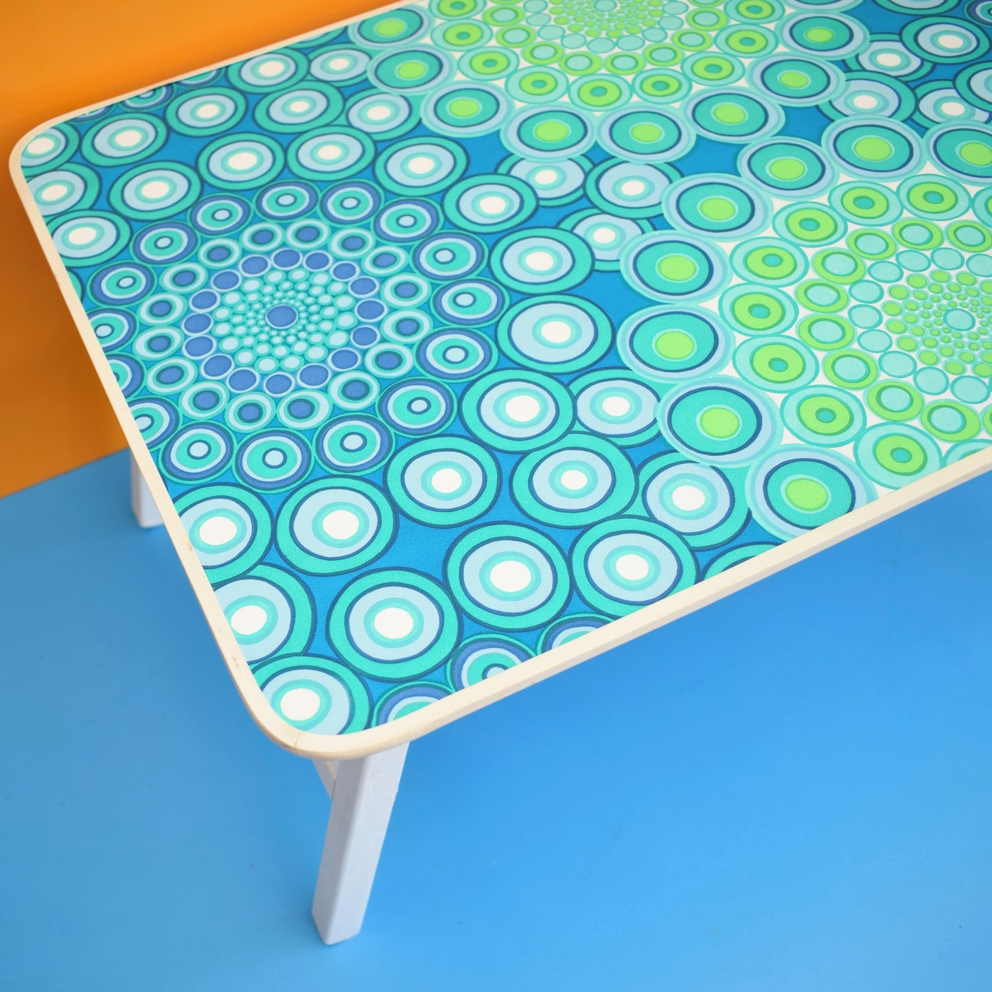 Vintage 1960s Folding Table - White /Blue/ Green Geometric by Vintage