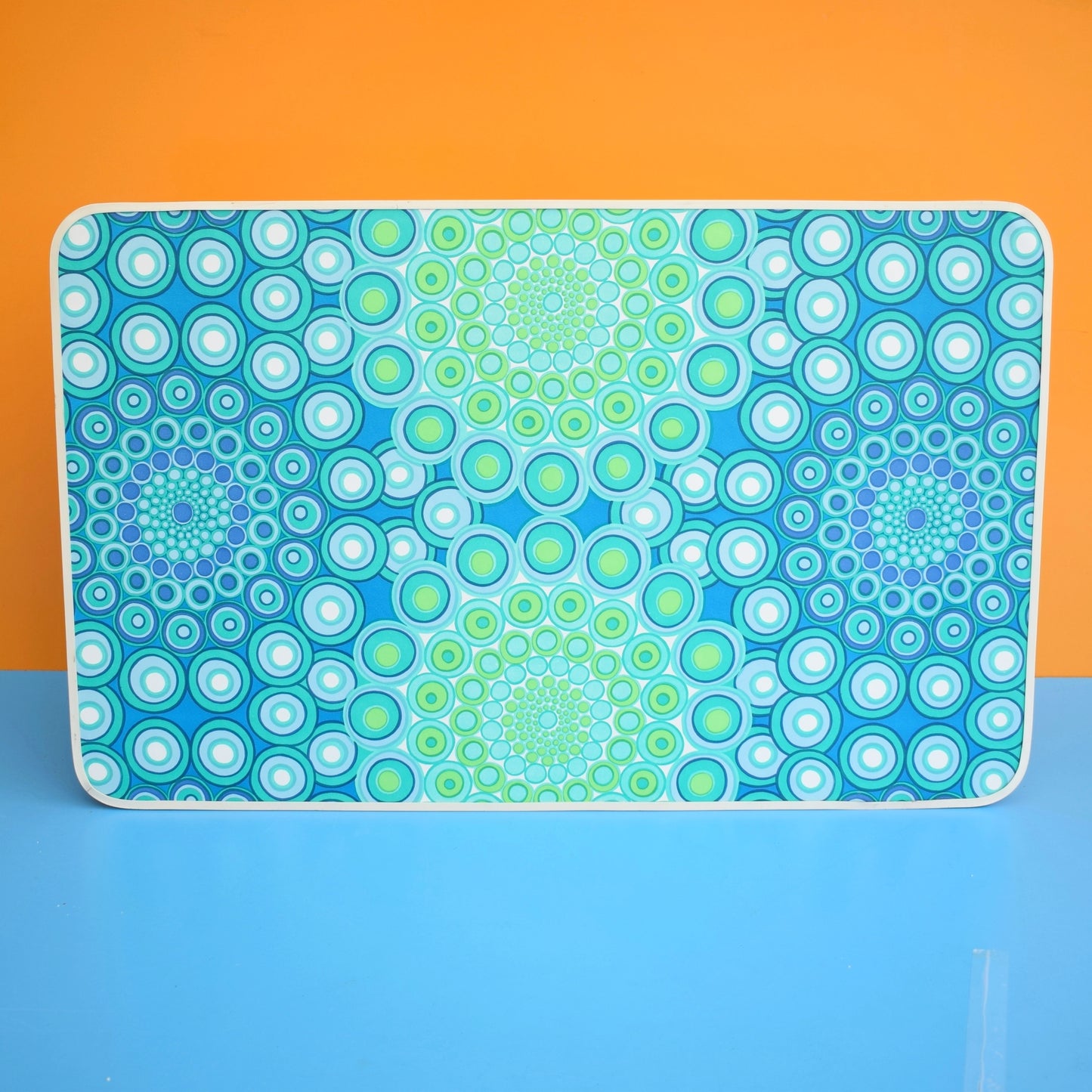 Vintage 1960s Folding Table - White /Blue/ Green Geometric by Vintage