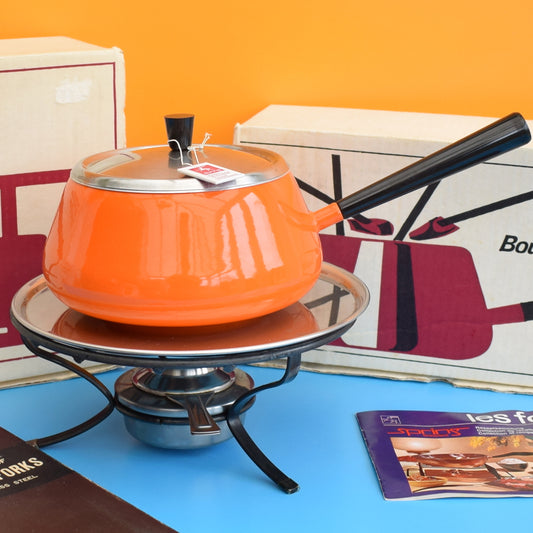 Vintage 1960s Swiss Fondue Set - Orange Enamel - Boxed by Vintage