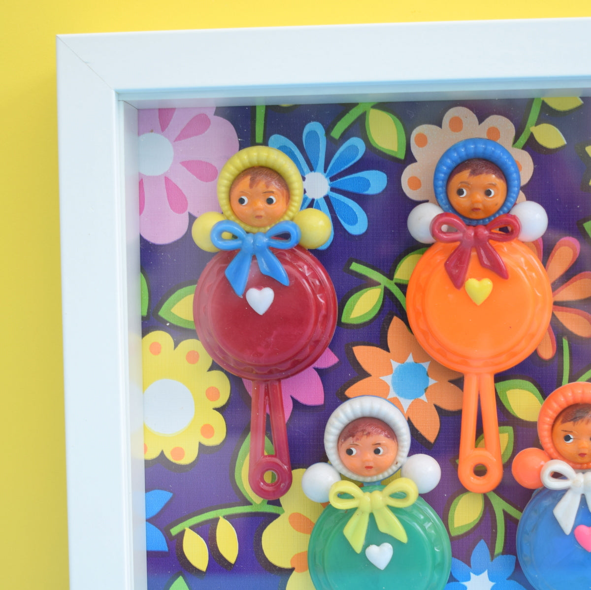Vintage 1960s Plastic Doll Rattles Box Framed Picture -  Nevalyashka (Russian) Style - Flower Power
