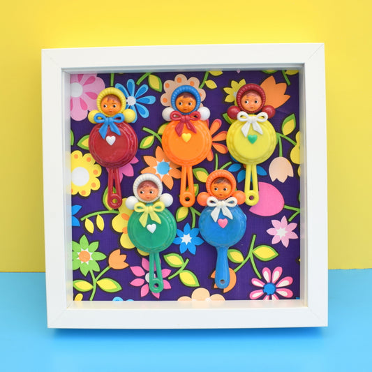 Vintage 1960s Plastic Doll Rattles Box Framed Picture -  Nevalyashka (Russian) Style - Flower Power