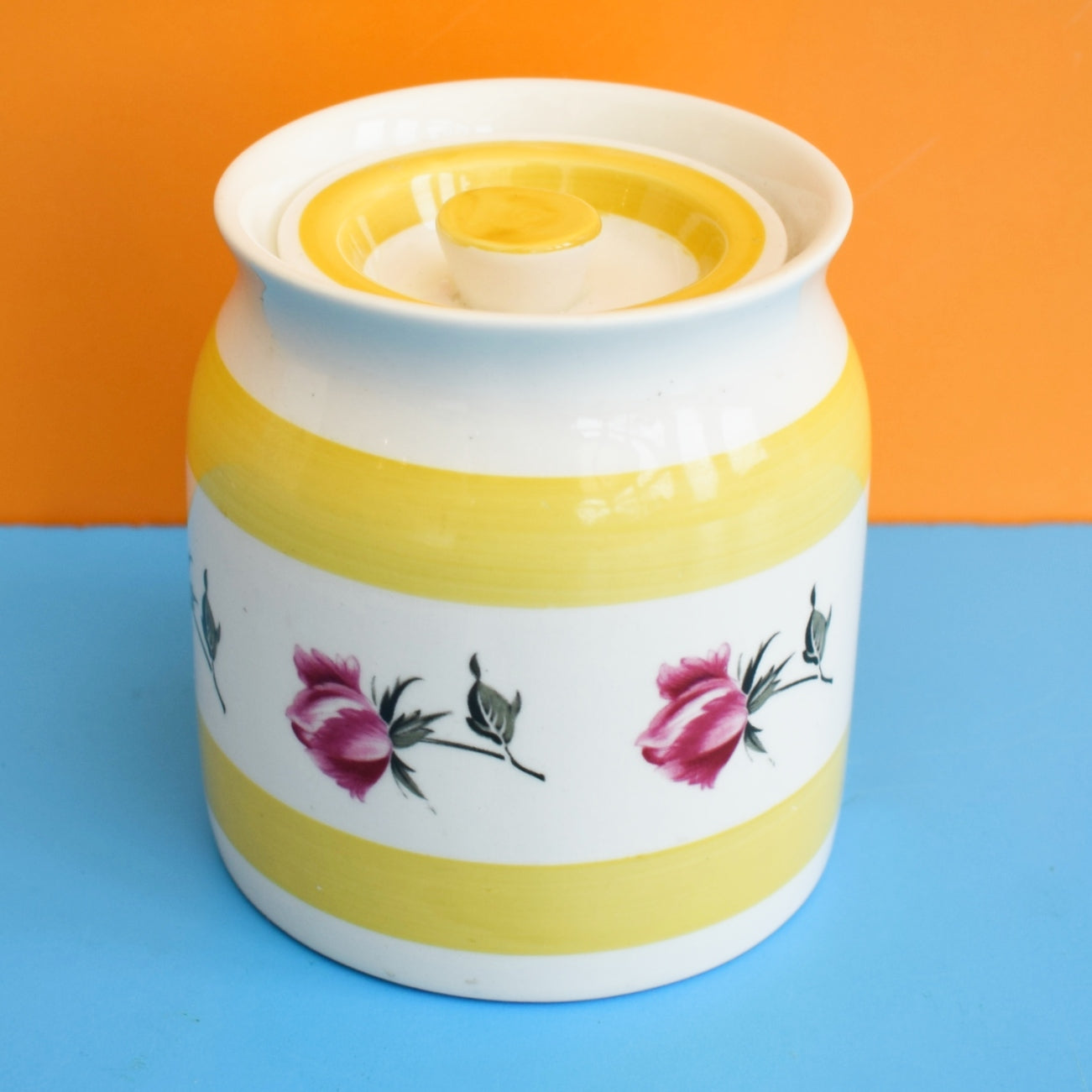 Vintage 1960s Portmeirion Jar - Rose / Yellow Stripe by Vintage