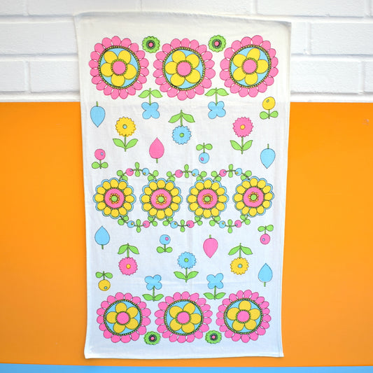Vintage 1960s Tea Towel - Flower Power - Pink by Vintage