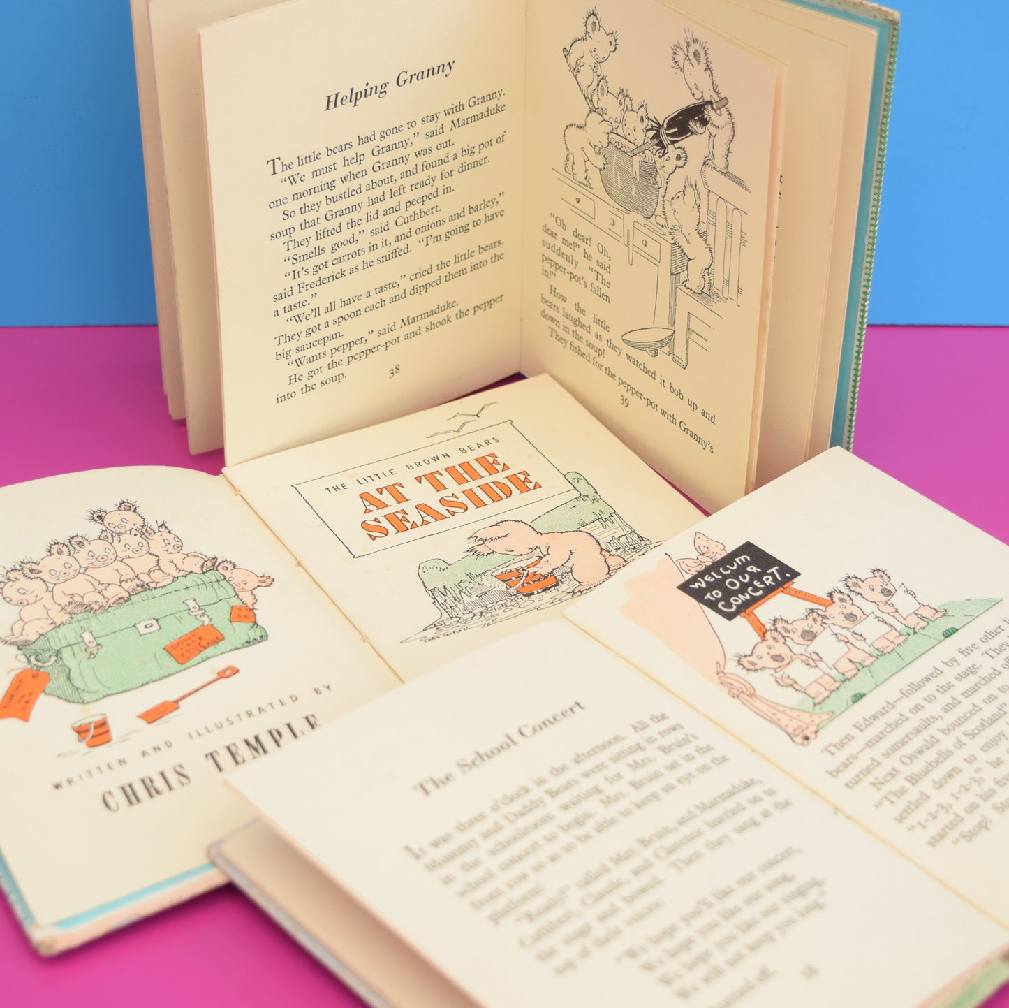 Vintage 1940s Books - Little Brown Bears - Chris Temple - At The Seaside, Farm & School