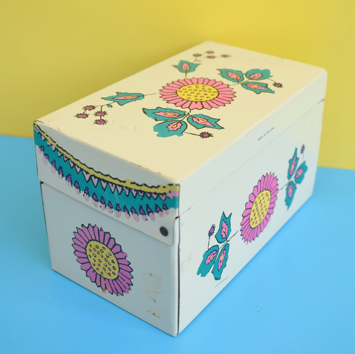 Vintage 1960s Flower Power Recipe Card Tin Box With Unused Cards