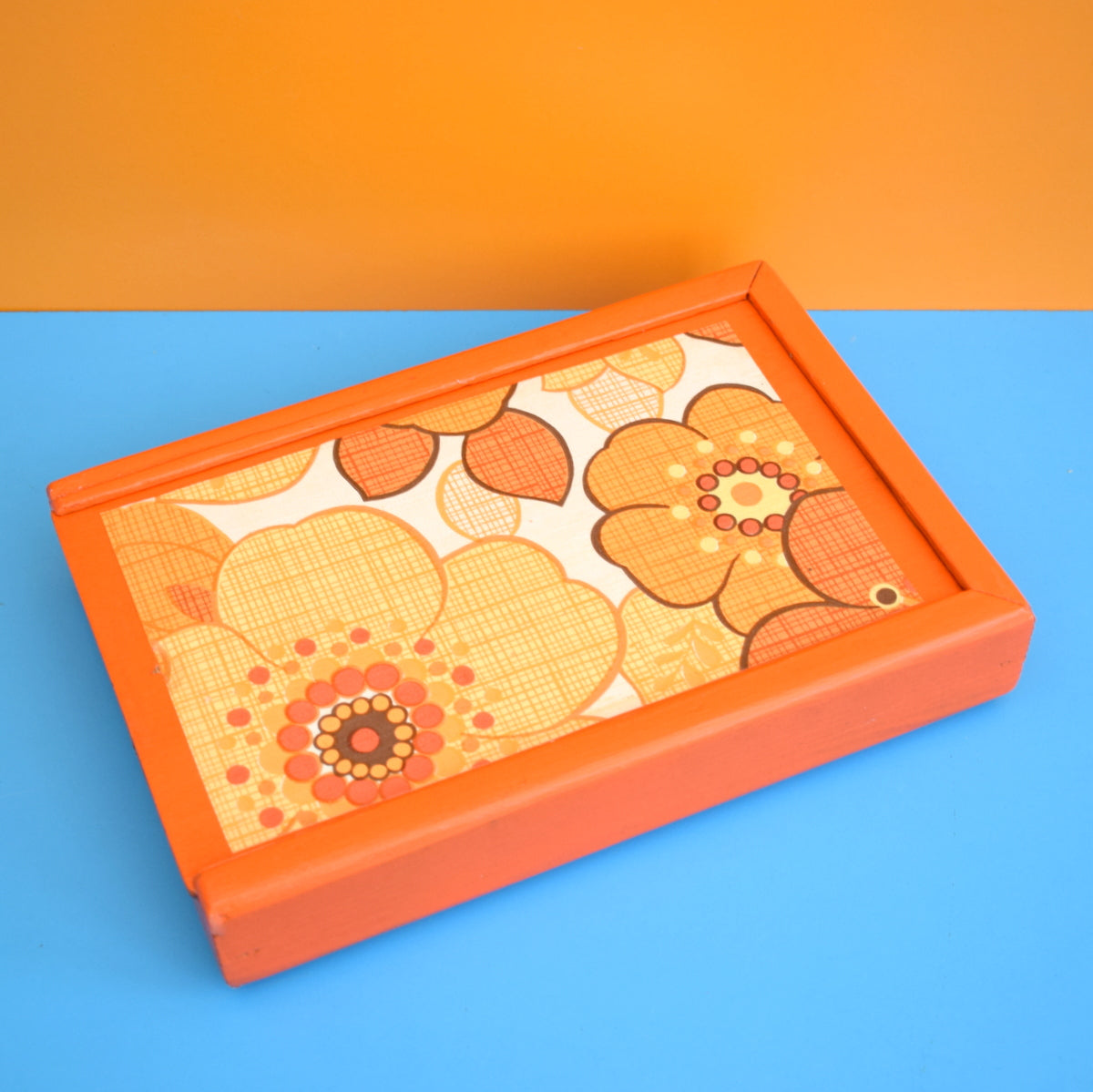 Vintage 1960s Wooden Bits Box - Flower Power - Orange