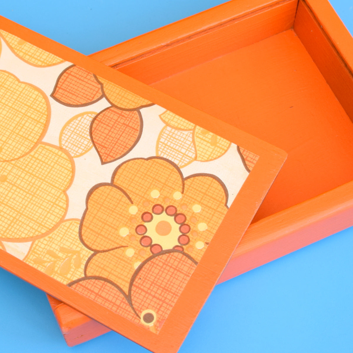 Vintage 1960s Wooden Bits Box - Flower Power - Orange