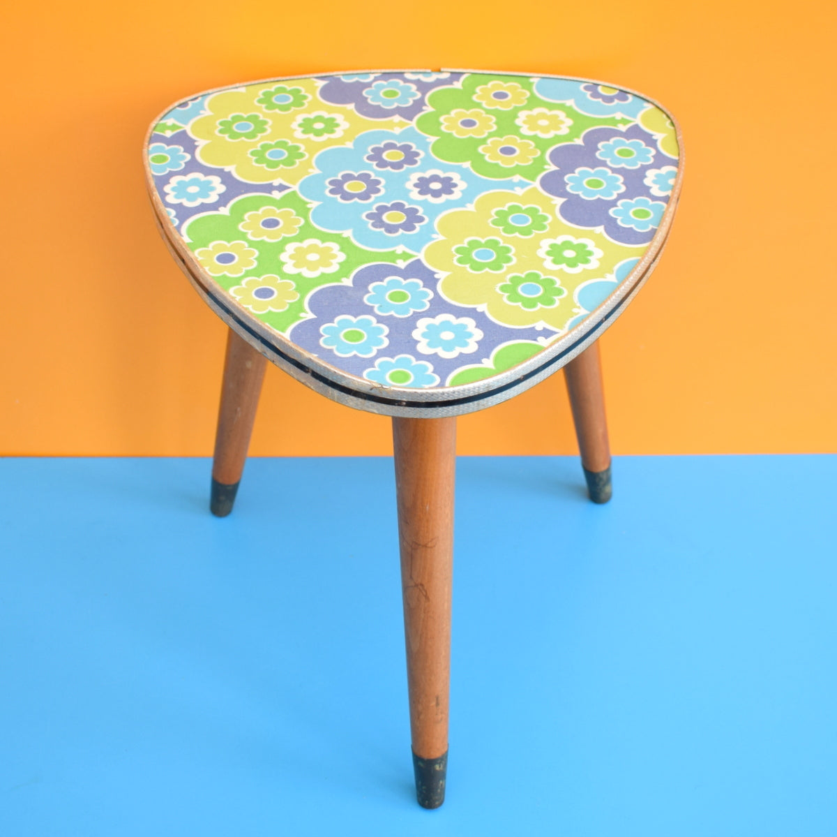 Vintage 1960s Small Triangular Side Table - Blue Flower Print