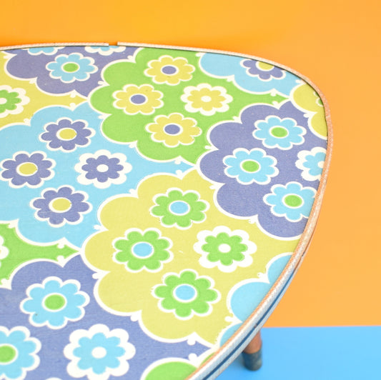 Vintage 1960s Small Triangular Side Table - Blue Flower Print by Pineapple Retro