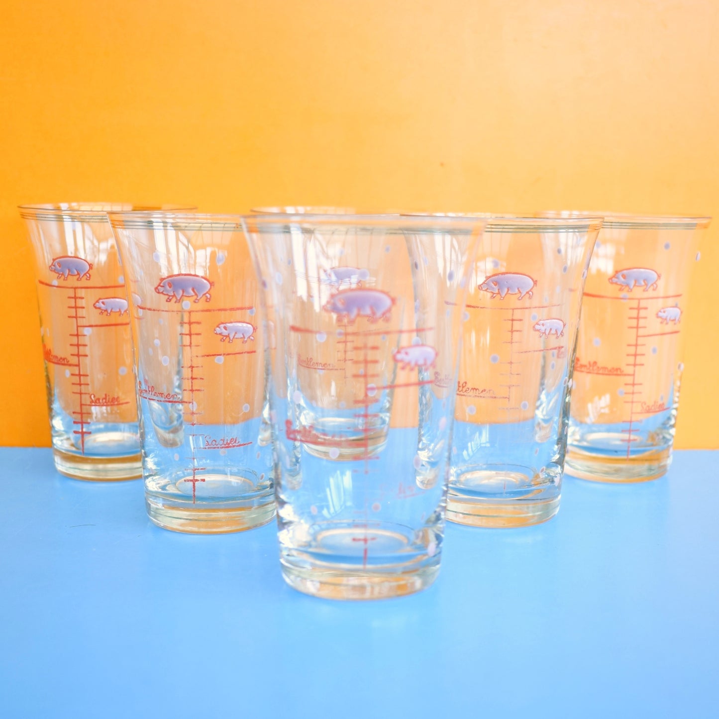 Vintage 1970s Cheeky Glasses- Enamel Pigs x 6