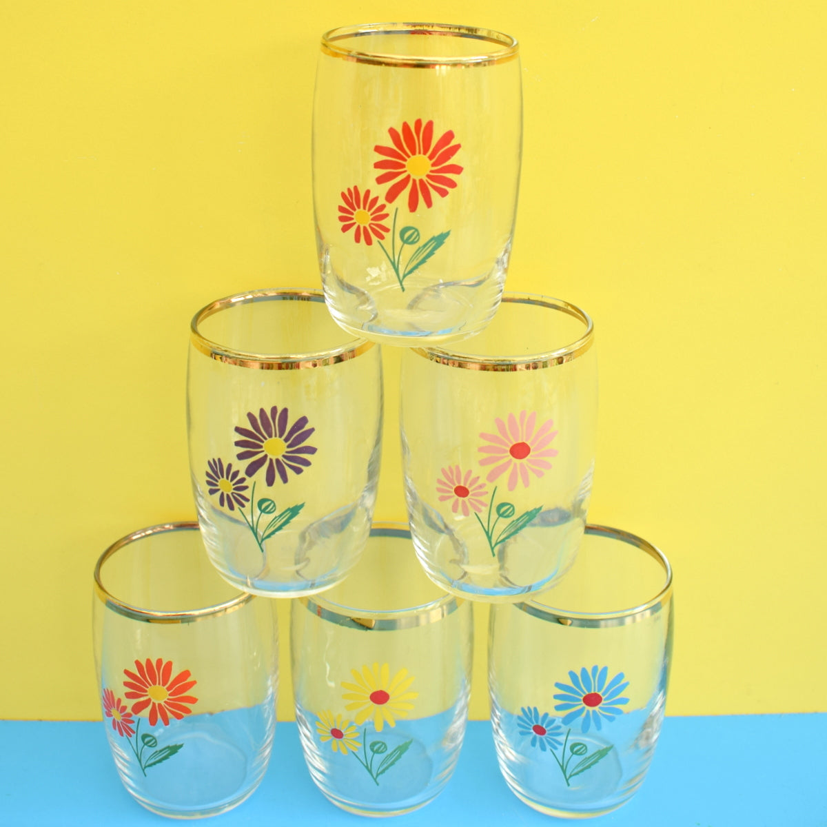 Vintage 1960s Glass Set - Boxed, Complete. Shot, Tot & Juice - Flower Power