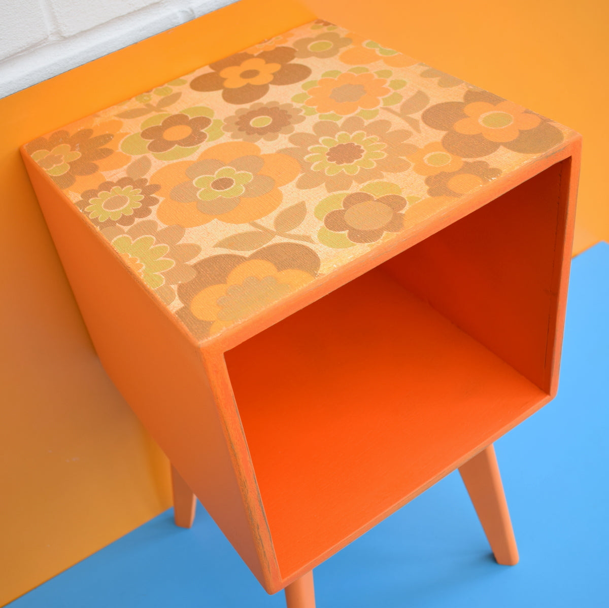 Vintage 1960s Bedside / Lamp Table - Orange Flower Power