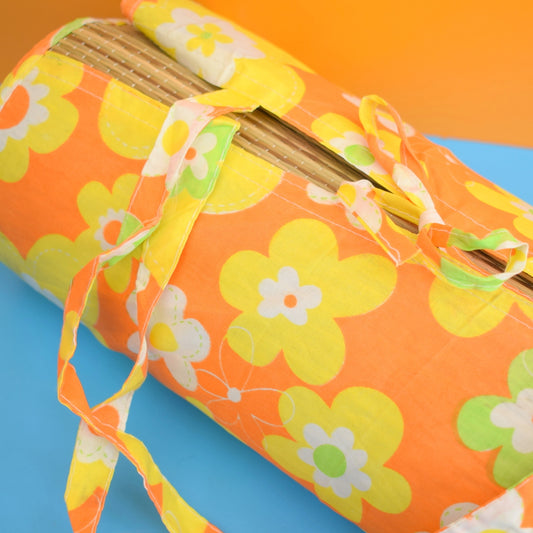 Vintage 1970s Roll Up Bamboo Beach Mat - Flower Power by Vintage