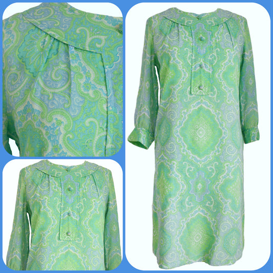 Vintage 1960s Shift Dress - Paisley Green Size 12/14 by Pineapple Retro
