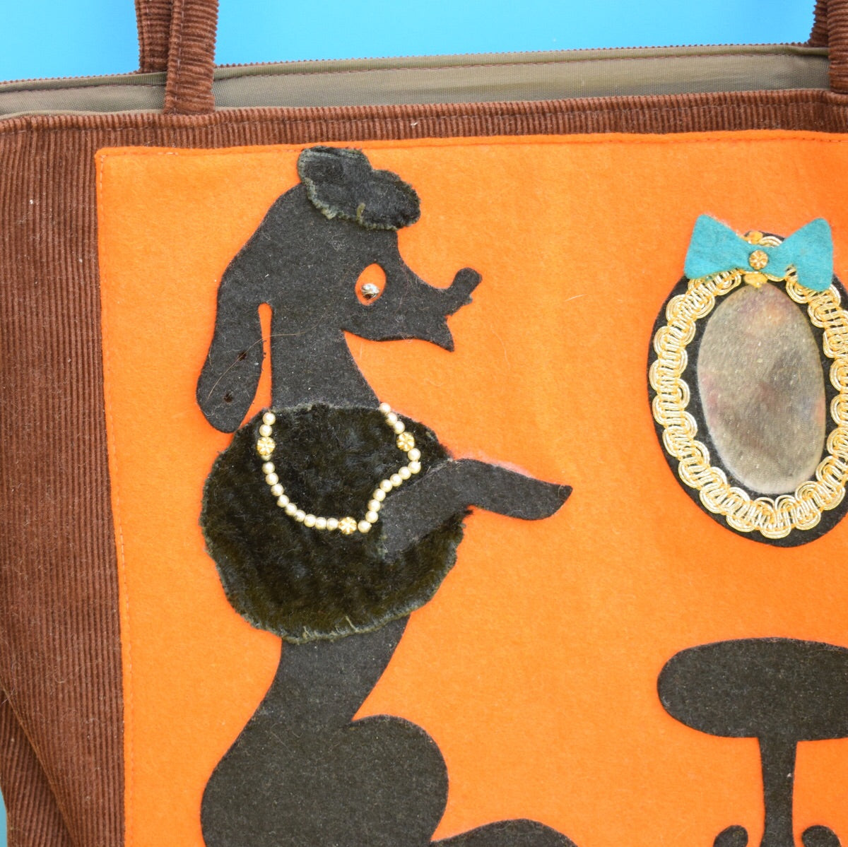 Vintage 1950s Poodle Felt & Cord Hand Bag - Brown & Orange