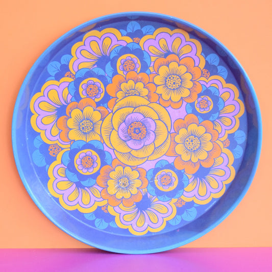 Vintage 1960s Round Tray - Flower Power Design, Purple & Orange