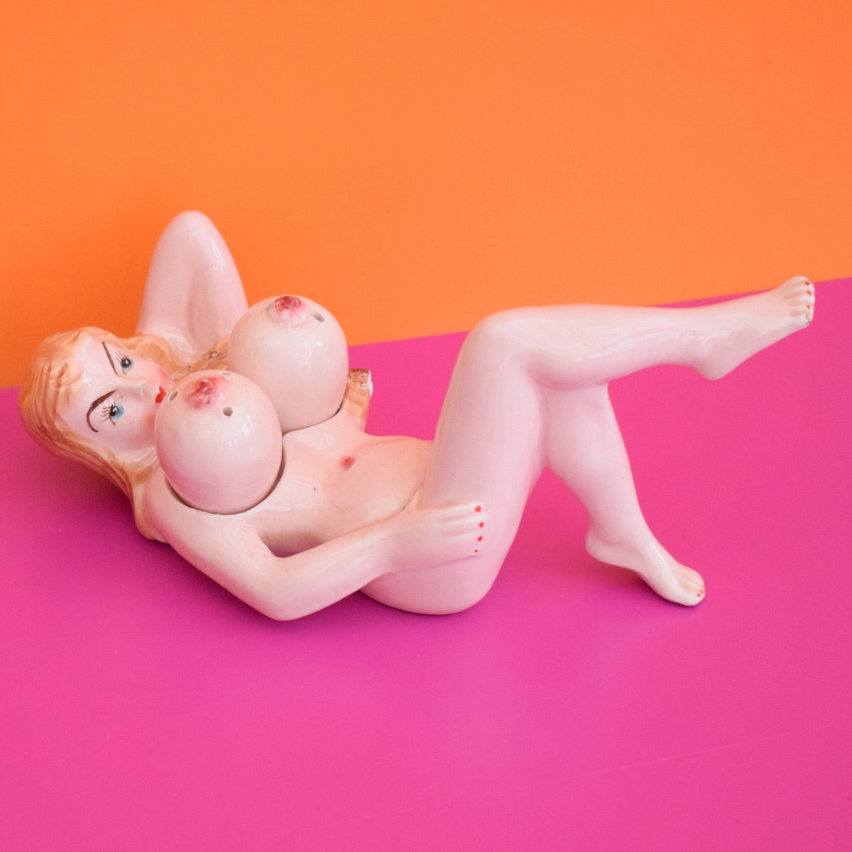 Vintage 1950s Kitsch Naked Lady Ceramic Cruet Set - Boobs