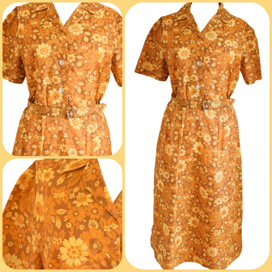Vintage 1960s Dress - Handmade - Mustard Size 16 by Pineapple Retro