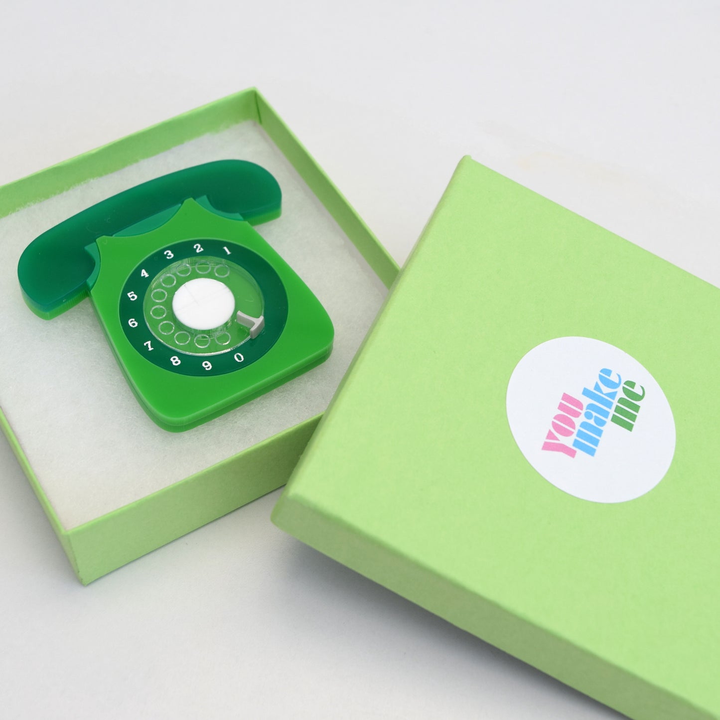 Retro Acrylic Brooch - GPO Style Telephone Design Green