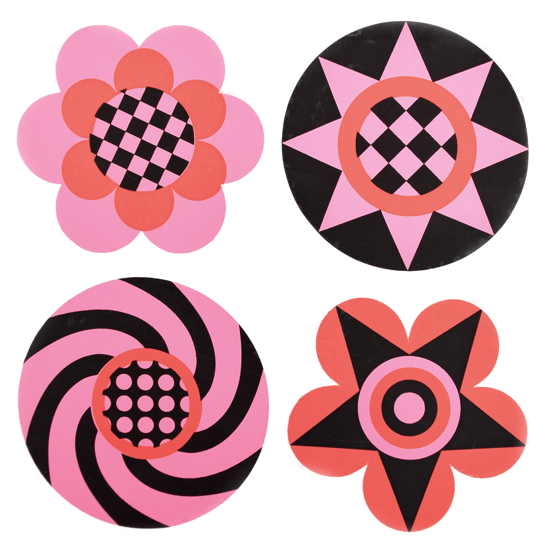 Vintage 1970s Sticker - by Jan Pienkowski - 4 Small Flower Design, Pink, Red & Black
