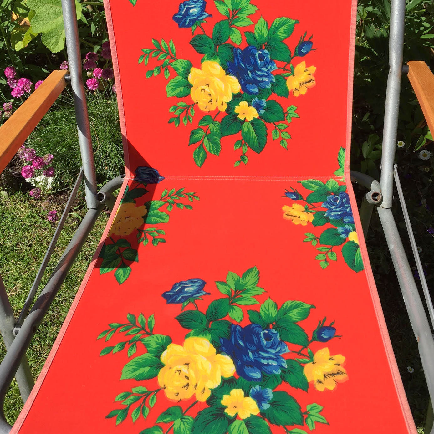 Vintage 1960s Folding Garden Chair - Flower Power - Red, Blue, Yellow & Green